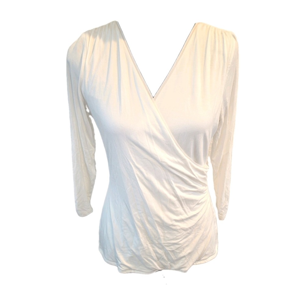 White House Black Market Faux Wrap Top M Creamy White Ruched Waist V-Neck